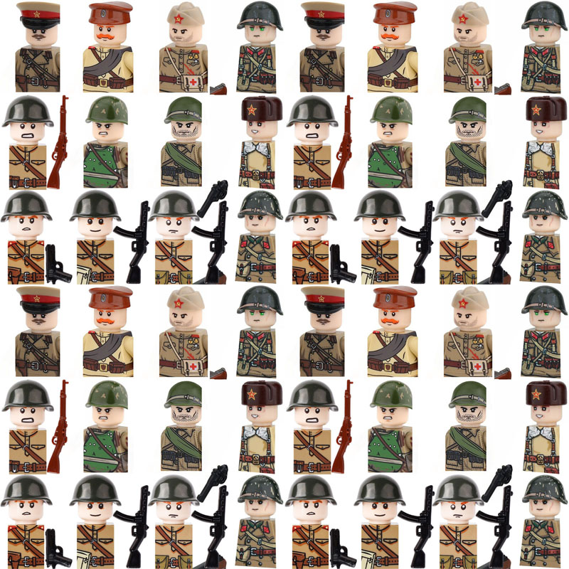 Lego Minifigure Holder - ตัวต่อทหารโซเวียต MOC ทหารบก กองทัพแดง หมวกทหาร ปืน