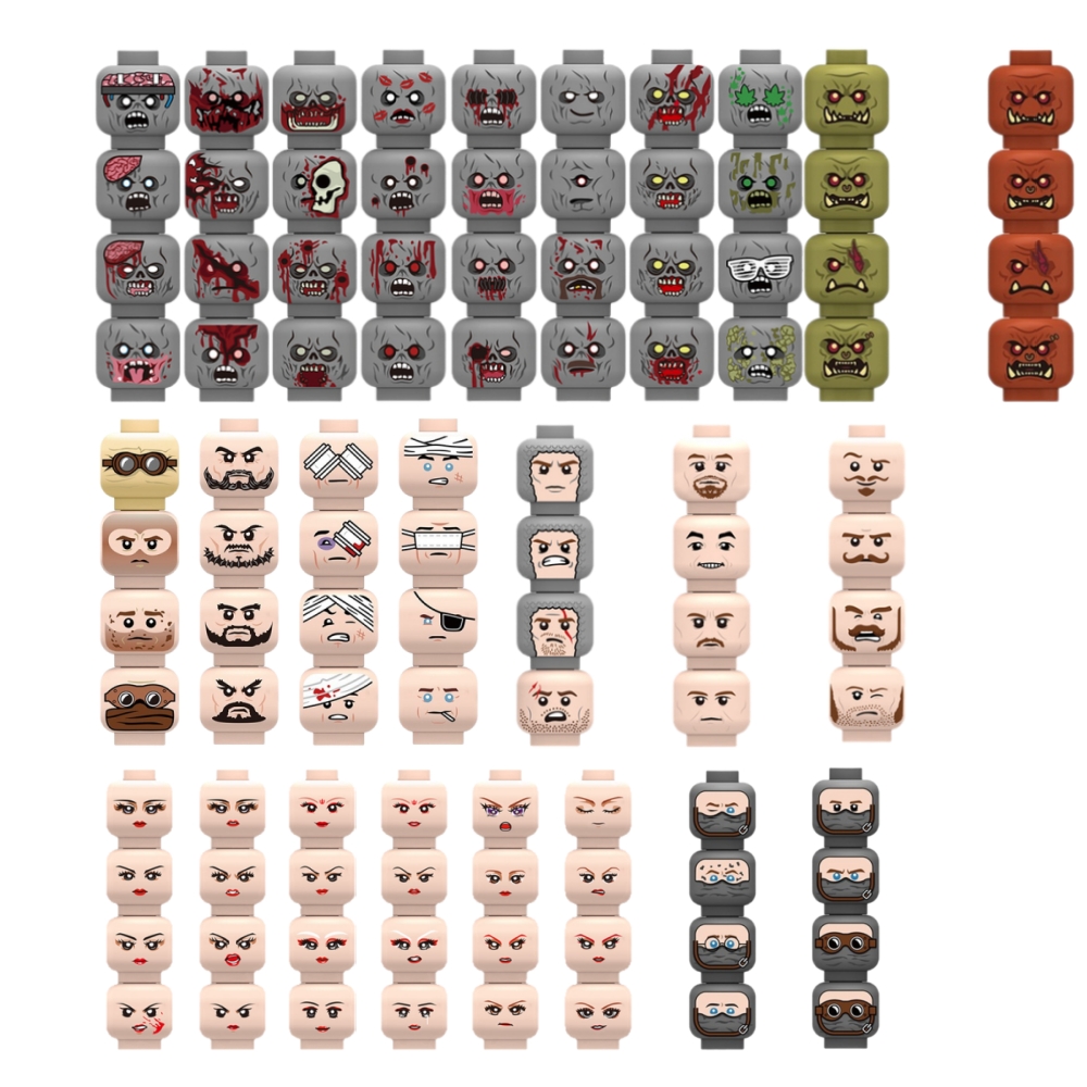 Lego Minifigure Holder - ตัวต่อหัวคนเจ็บป่วยทางอารมณ์, ฟิกเกอร์ทหาร, หัวซอมบี้, ชิ้นส่วนทหาร, ของเล่นตัวต่อ